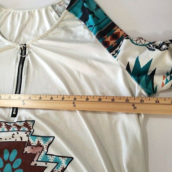 Southwestern Boho Tunic Turquoise Aztec Horse Equestrian V-Neck Long Sleeve 2XL - Picture 7 of 8